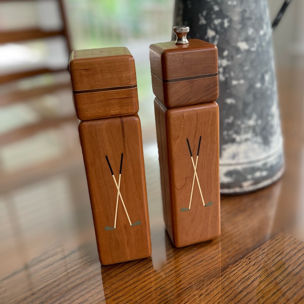Handmade Wooden Golf Club Salt Shaker and Pepper Grinder, Signed Russell